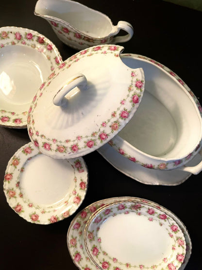 Vintage Rose China Serving Set with Tureen & Gravy Boat