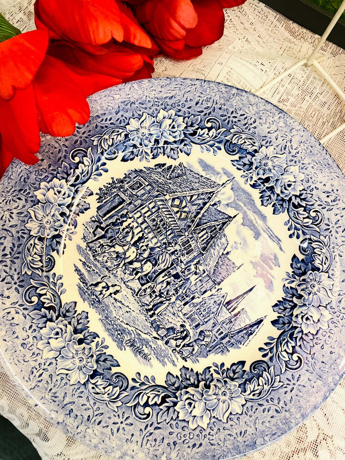 Large Blue and White Decorative Wall Plate Continental Village Scene 11 Inch