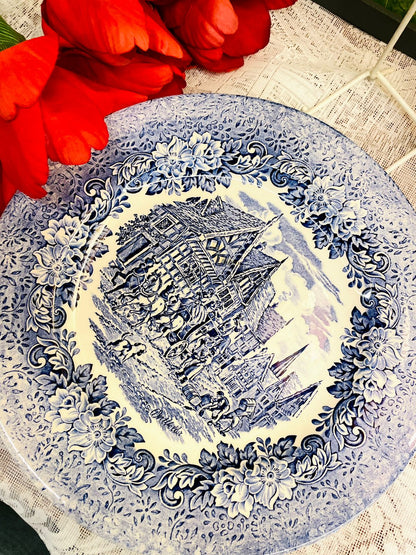 Large Blue and White Decorative Wall Plate Continental Village Scene 11 Inch