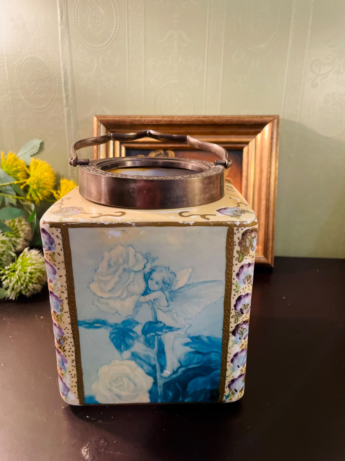 Vintage Fairy Porcelain Candle Lantern with Metal Handle 8 Inch