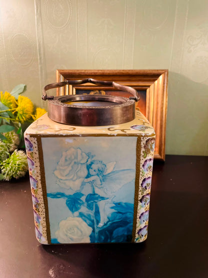 Vintage Fairy Porcelain Candle Lantern with Metal Handle 8 Inch