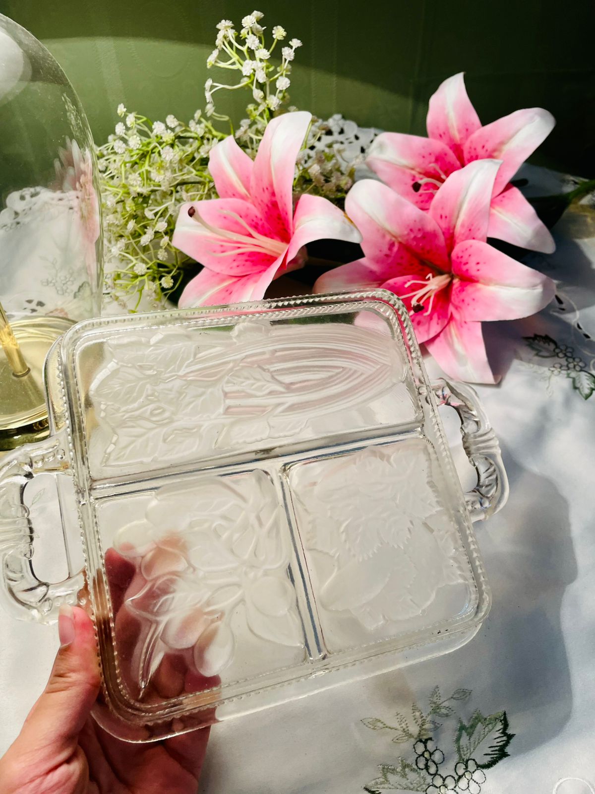 Clear Crystal Divided Serving Tray with Handles 8 in