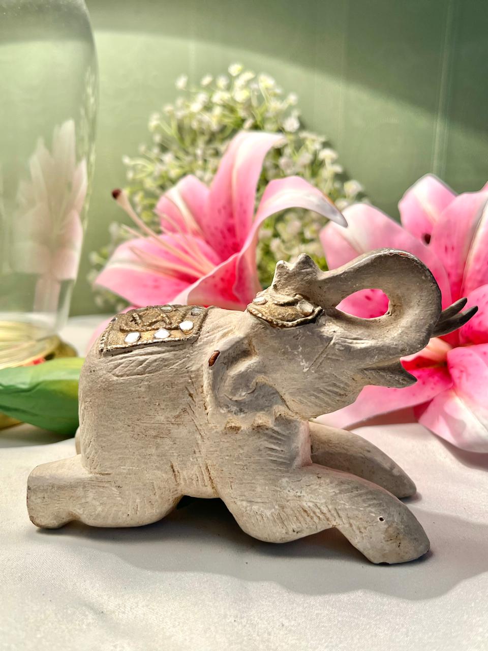 Vintage Rustic Elephant Figurine with Raised Trunk – 13 cm