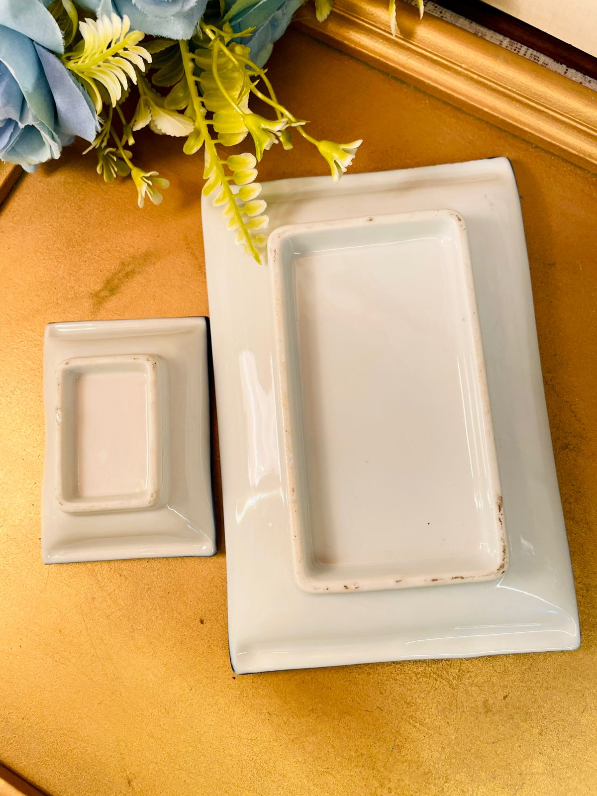 Vintage Blue & White Ceramic Serving Tray Set