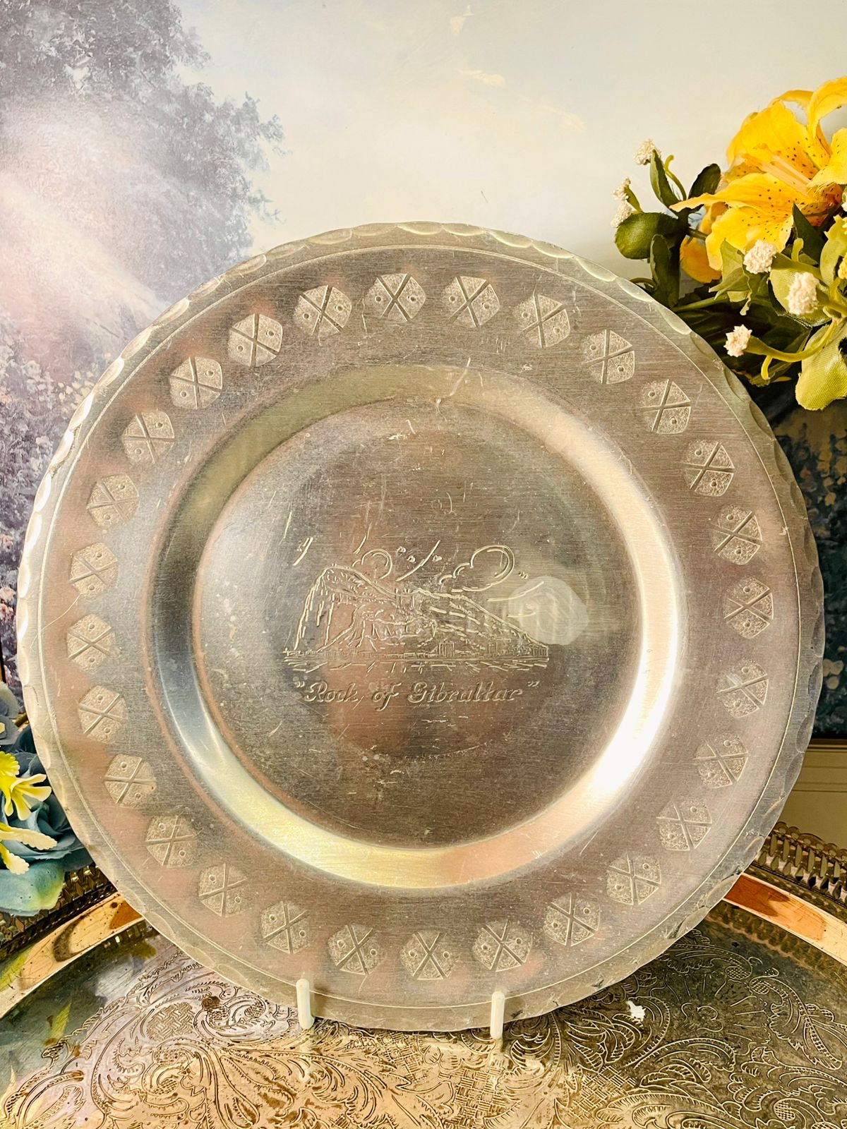 Vintage Rock of Gibraltar Pewter Display Plate