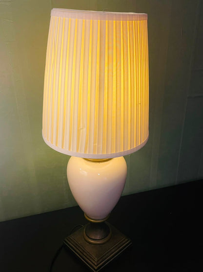 Vintage White Ceramic Table Lamp with Pleated Shade