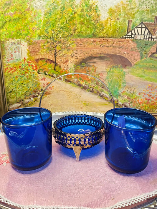 Set of 3 - Vintage Cobalt Blue Candle Holders with Chrome Sugar Bowl – Elegant Table Decor Set