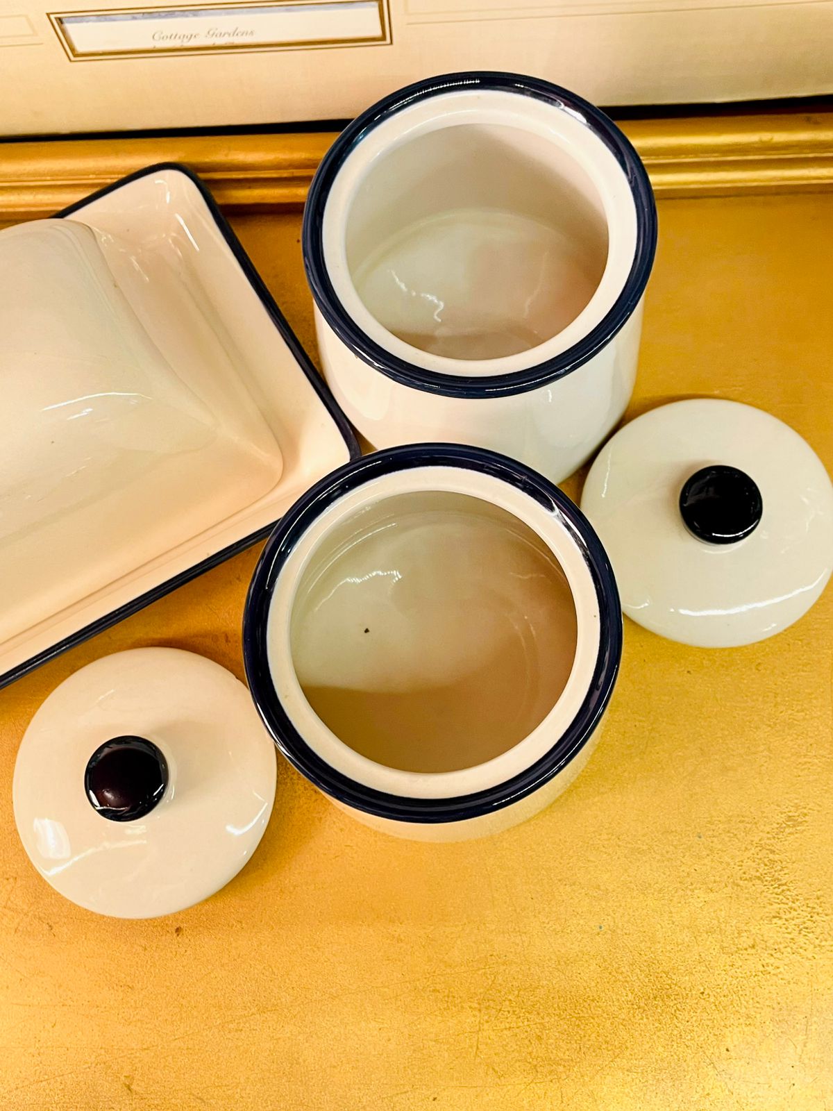 Vintage Enamel Kitchen Canister Set with Butter Dish | Cream & Black