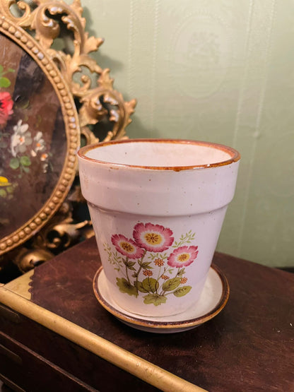 Vintage Floral Ceramic Planter with Saucer Cottage Garden Pot
