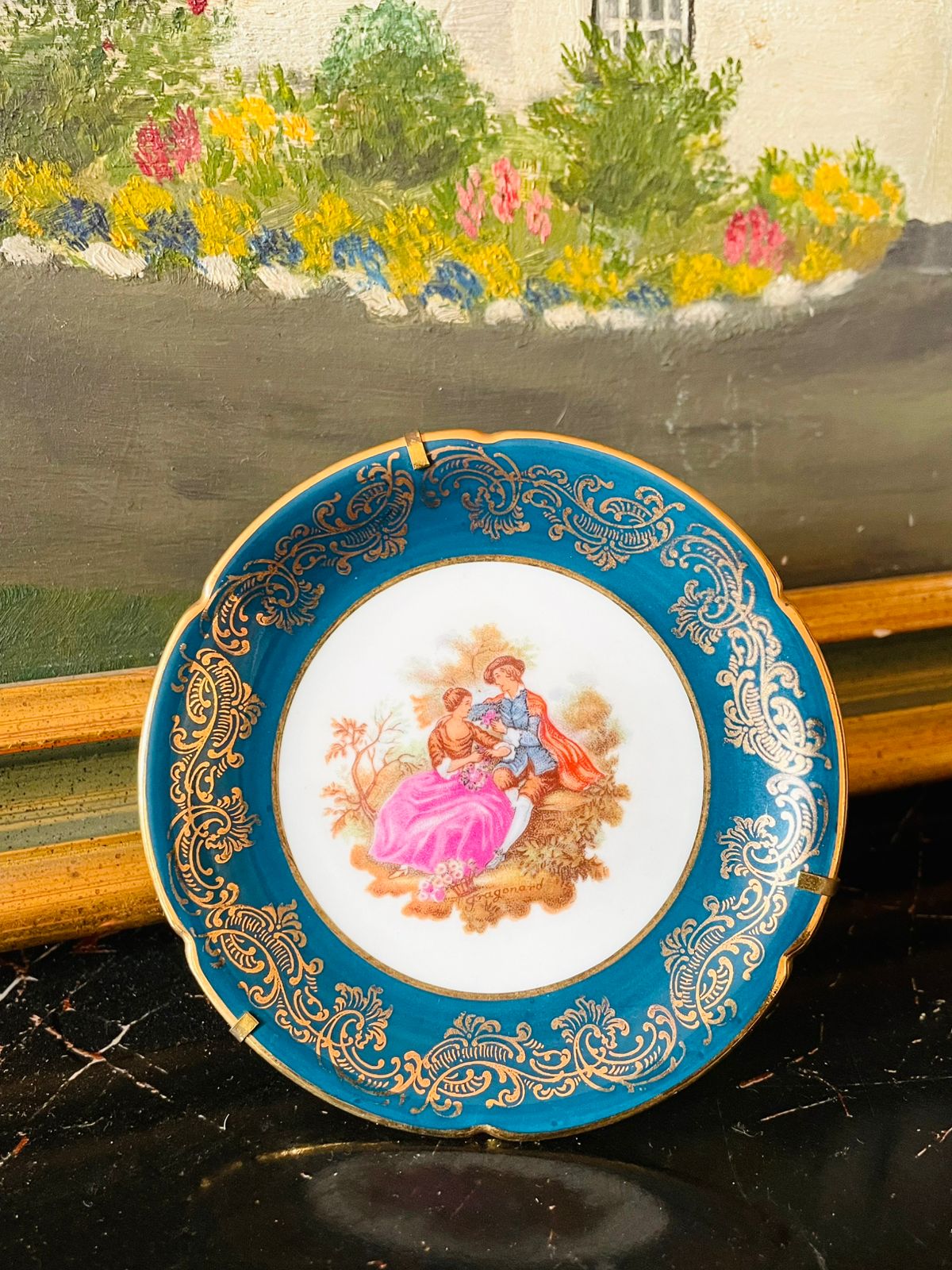 limoges france plate, french porcelain collectible, miniature display plate, rococo romantic decor, gold gilt vintage plate, french art pottery, european thrift find, royal blue porcelain, limoges wall plate, sunset kitchen vintage