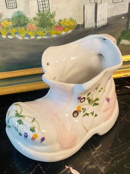 Vintage Ceramic Boot Planter ( 11cm ) – Hand-Painted Floral Design. ENGLAND