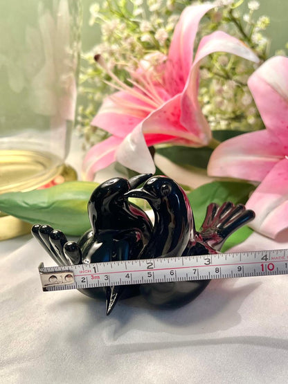 Pair of Black Ceramic Love Birds Figurine – Intertwined Bird Ornament, Approx. 10 cm