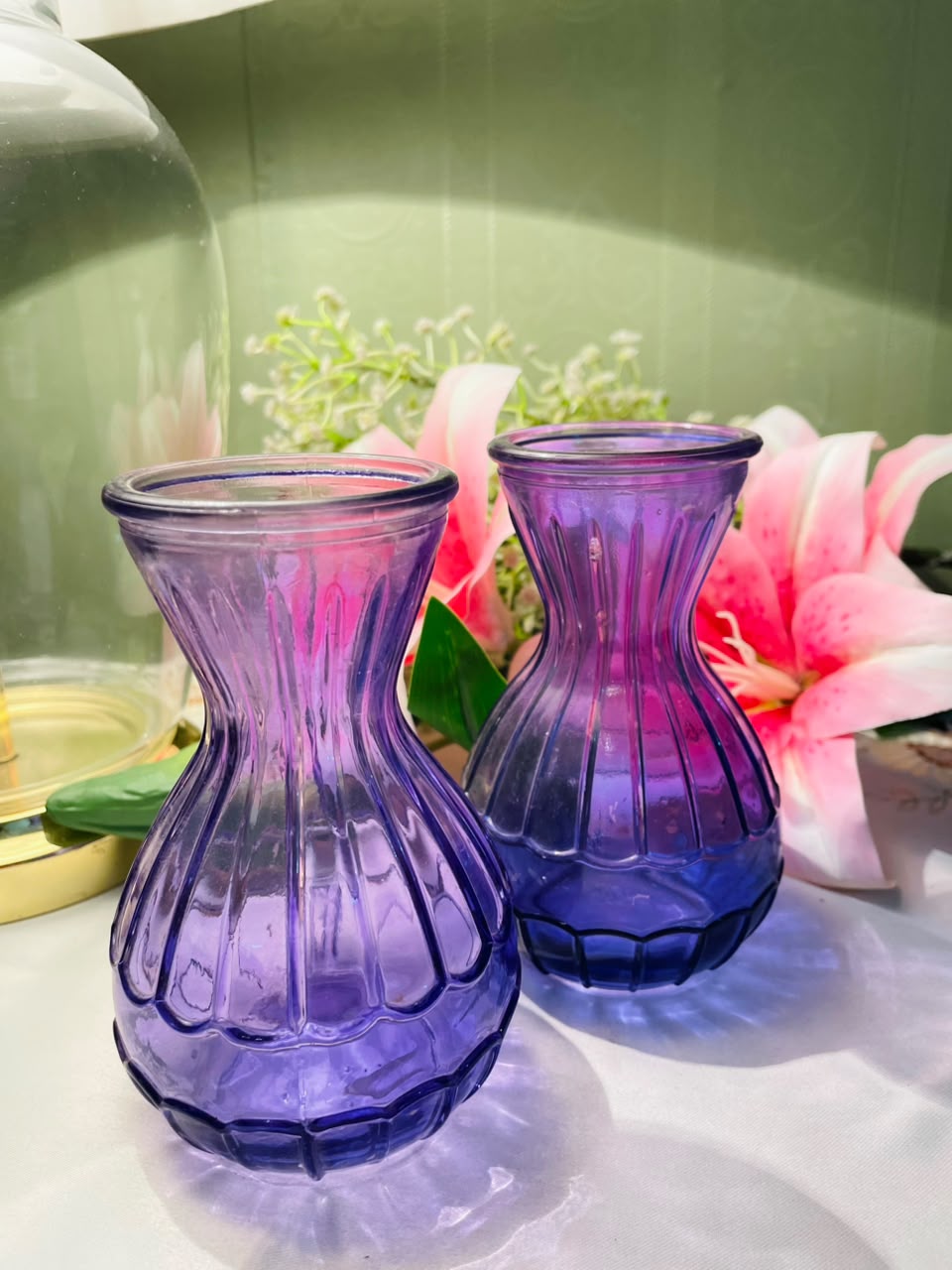 Purple Ribbed Crystal Vases 2-Piece Set Approx. 14 cm