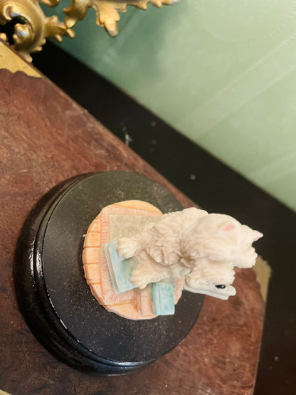 Vintage Westie Dog Figurine with Books on Wooden Base