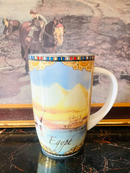 egypt mug, pyramids mug, fathi mahmoud egypt, souvenir mug, egyptian art mug, nile river mug, collectible mugs pakistan, vintage travel mug, ceramic tea mug, golden rim mug, egypt decor, exotic mug collection, sunset kitchen mugs