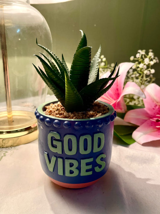 Good Vibes Faux Succulent in Blue Ceramic Plant Pot 7 in