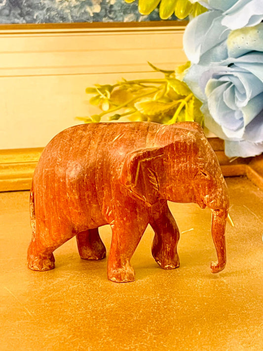 Vintage Hand-Carved Wooden Elephant Figurine Rustic Decor
