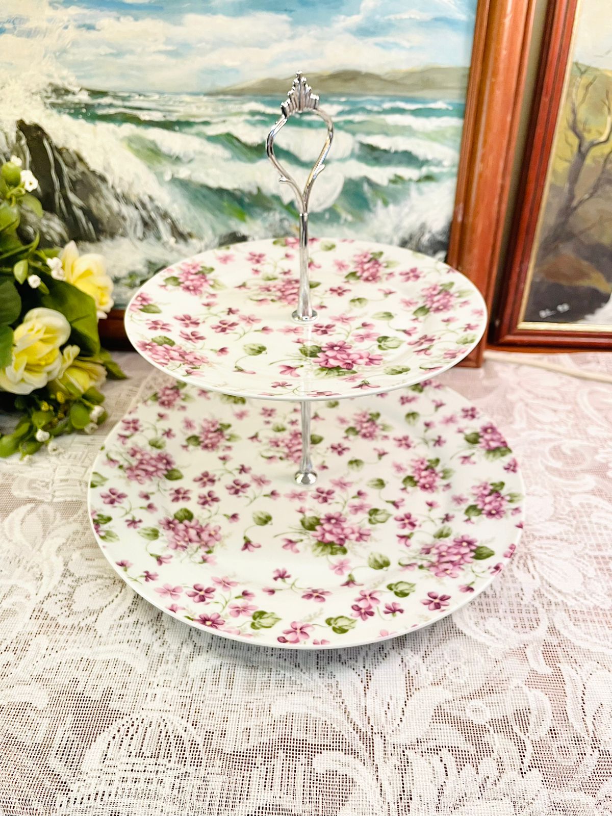 Vintage Pink Floral Two Tier Porcelain Cake Stand