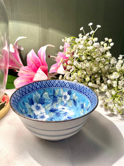 Blue Floral Porcelain Bowl with Geometric Border – 13 cm
