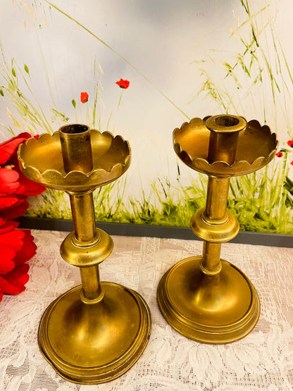 Pair of Vintage Brass Scalloped Candlestick Holders