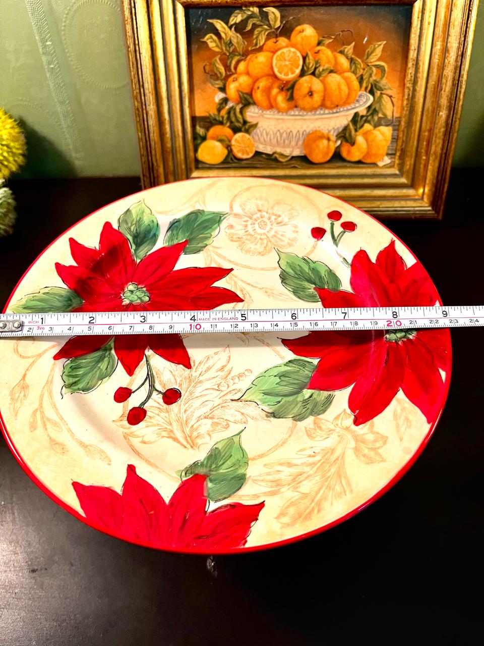 Vintage Poinsettia Ceramic Cake Stand – 9 Inch Christmas Pedestal Plate
