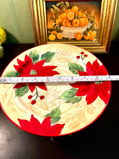 Vintage Poinsettia Ceramic Cake Stand – 9 Inch Christmas Pedestal Plate