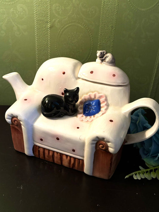 Vintage Cat Sofa Teapot Ceramic Whimsical Animal Tea Pot