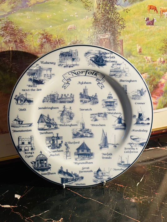 norfolk souvenir plate, blue and white decorative plate, english blueware china, norfolk blueware england, vintage england plate, collectible souvenir decor, british heritage pottery, blue transferware decor, european vintage collection, rare thrift finds, sunset kitchen vintage collection