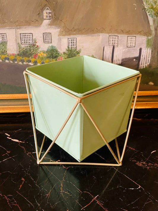 Modern Geometric Mint Green Metal Planter with Gold Stand – 7.5 Inch