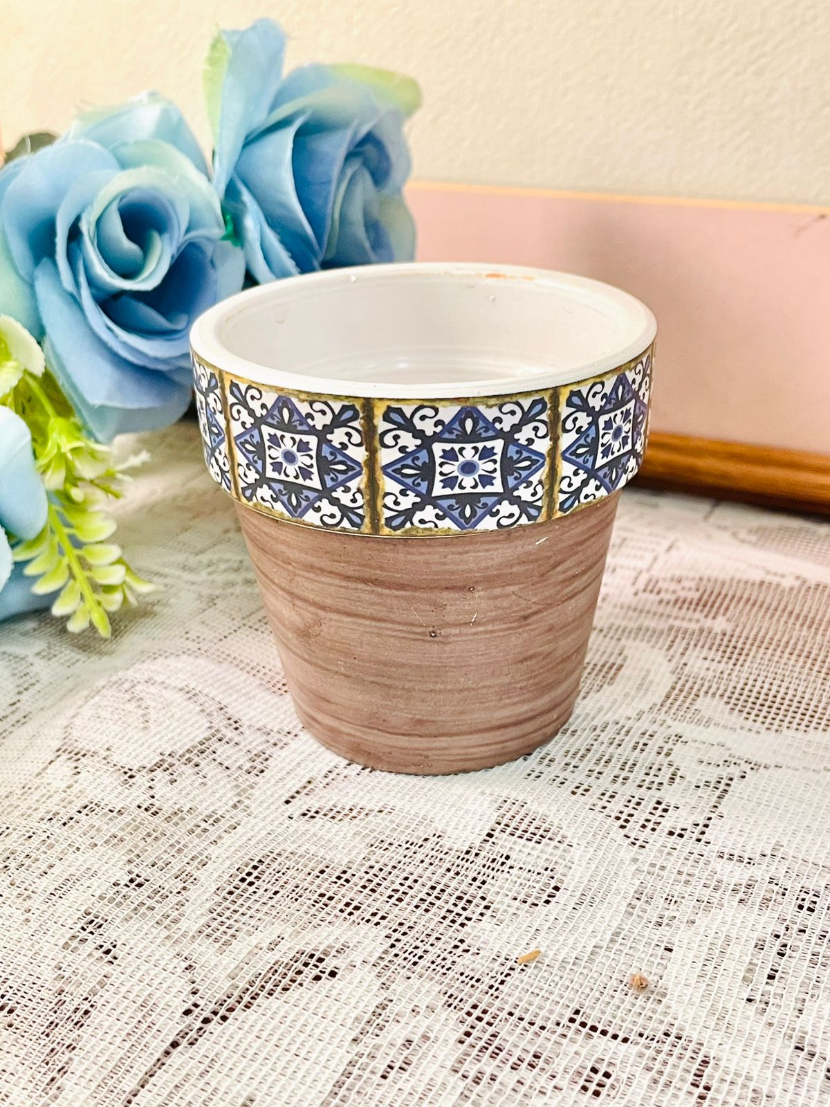 Vintage Blue Tile Ceramic Planter Pots – Set of 2