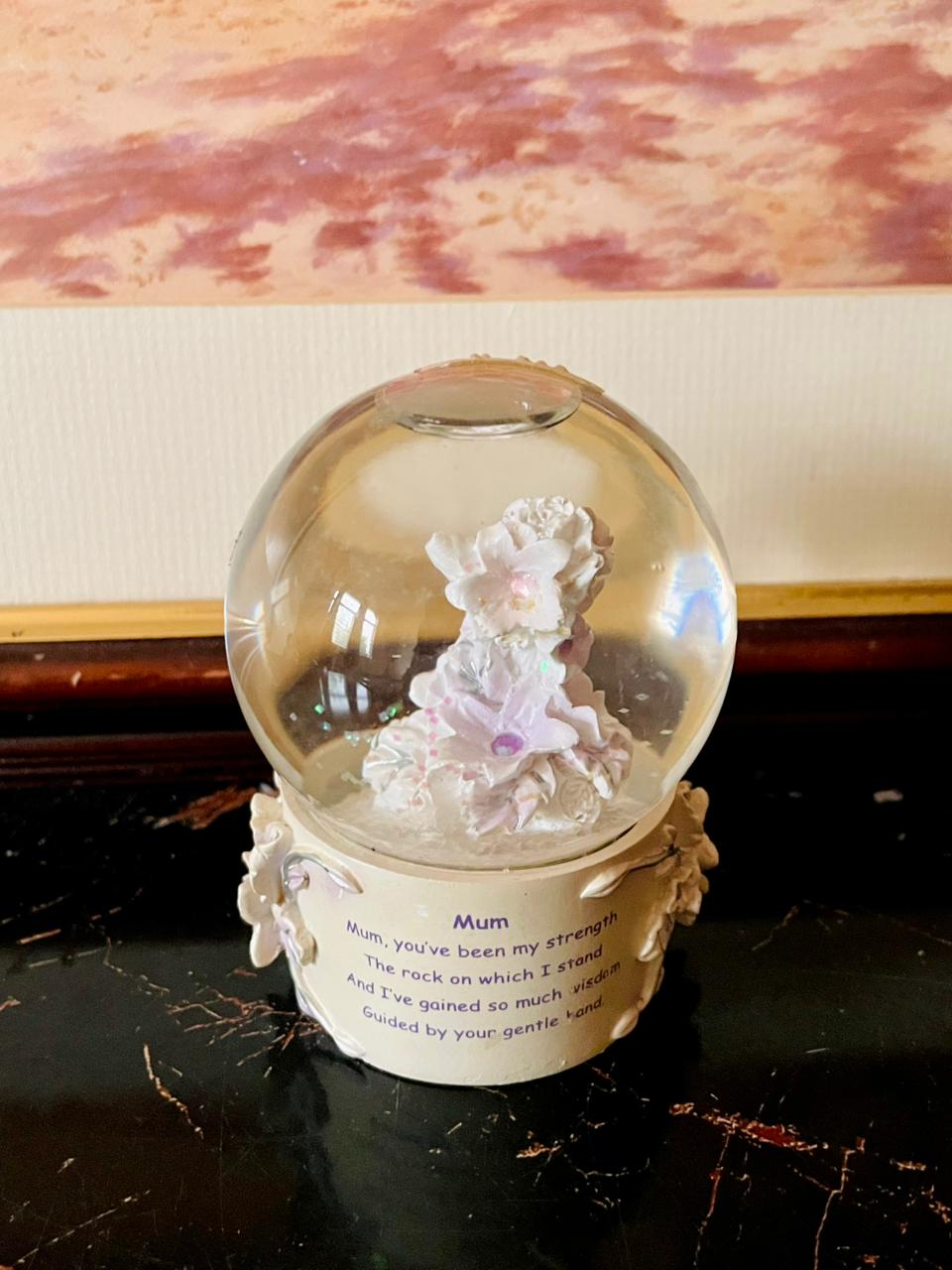 rare thrift finds, vintage snow globe, floral snow globe England, decorative glass globe, antique collectibles Pakistan, vintage poetry décor, timeless snow globe gift, European vintage drop, curated vintage collection, rare home décor Lahore Karachi Islamabad