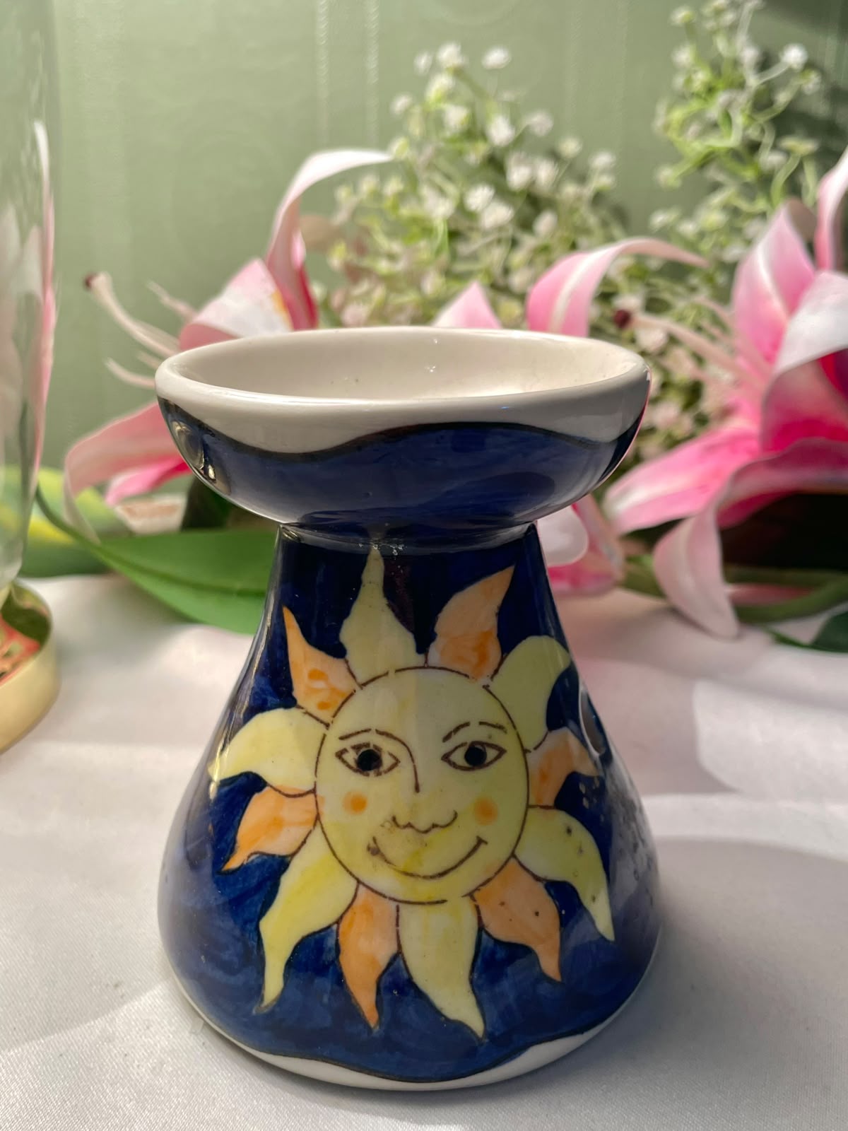 Hand painted Blue Sun Motif Ceramic Pedestal Buner 4.2 Inch