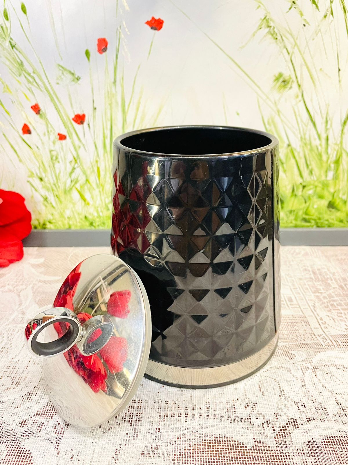 Vintage Black Ceramic Canister Set with Silver Lids