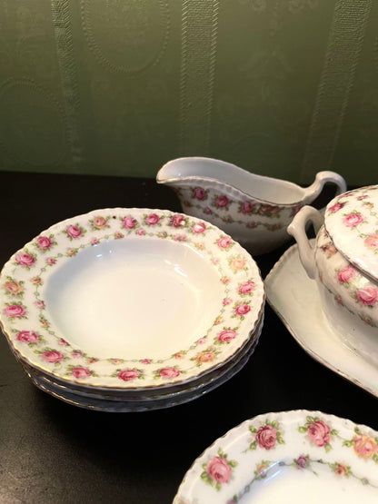 Vintage Rose China Serving Set with Tureen & Gravy Boat