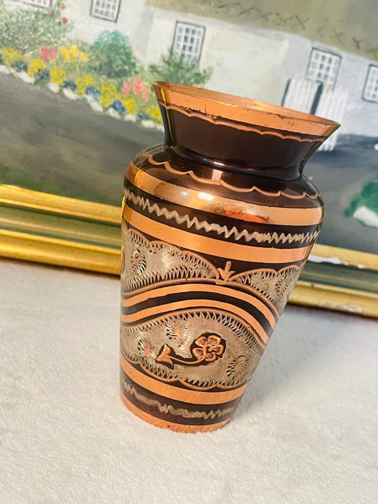 Turkish Vintage Copper Vase – Etched Floral Design in Black & Gold | Antique Home Decor Accent