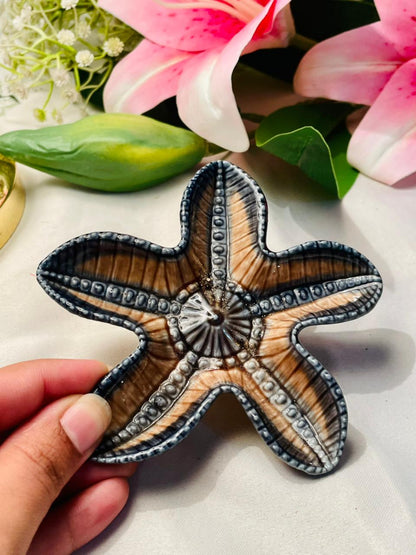 Brown & Blue Starfish-Shaped Ceramic Trinket Dish 5 in