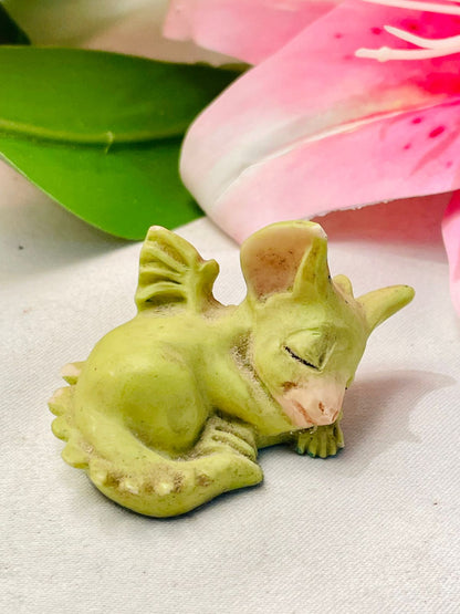 Vintage Miniature Green Ceramic Sleeping Cat Figurine Approx. 5 cm Long