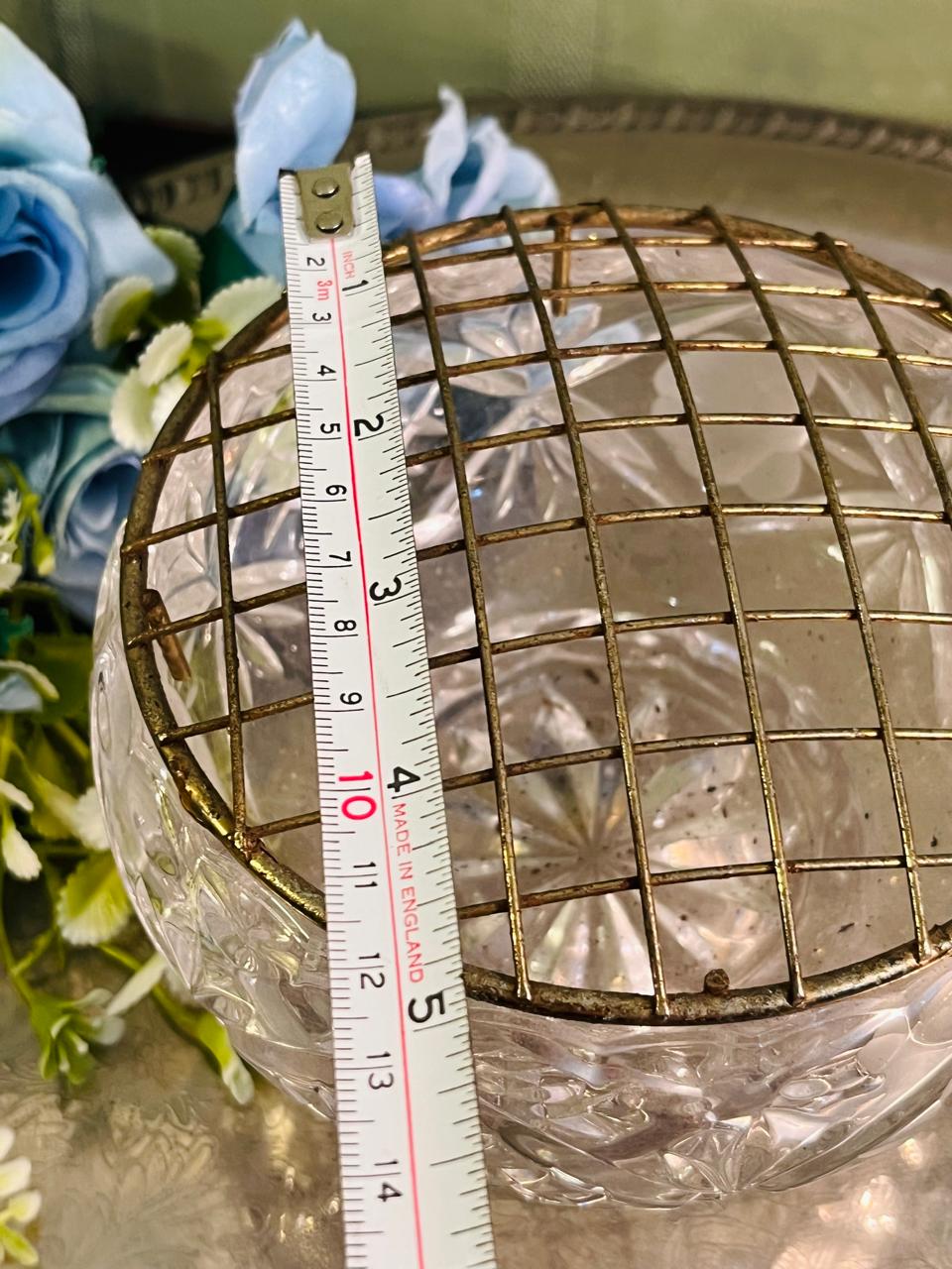 Vintage Cut Crystal Flower Bowl with Metal Grid 13 cm