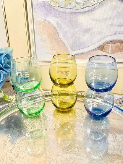 Vintage Coloured Tumbler Glass Set of 6  – Etched Wave