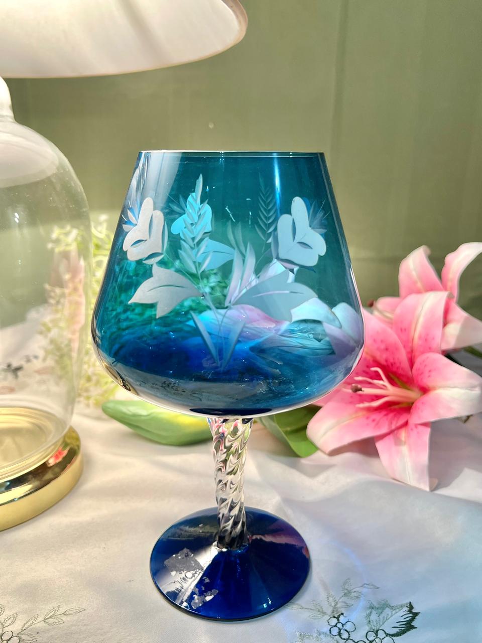 Blue Etched Crystal Goblet – Approx. 9 Inch