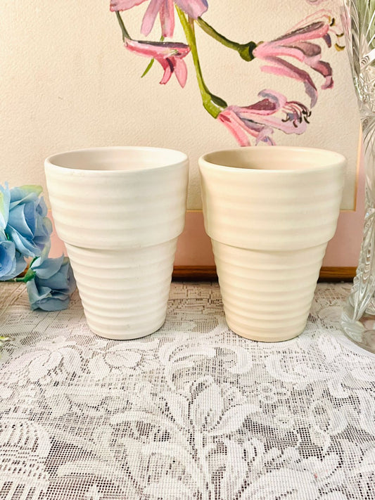 Set of 2 Cream Ribbed Ceramic Planters – Vintage Style