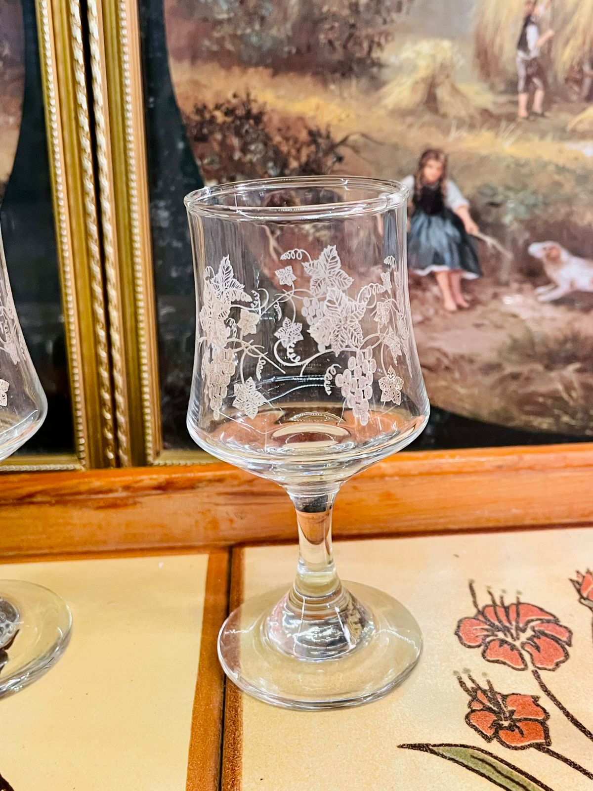 Set of 5 Etched Stem Dessert Glasses – Grape & Vine Pattern – Vintage Clear Glass