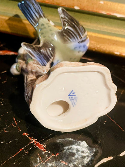 Vintage Porcelain Bird Figurine — “Blue Tits on Branch” by Wade England