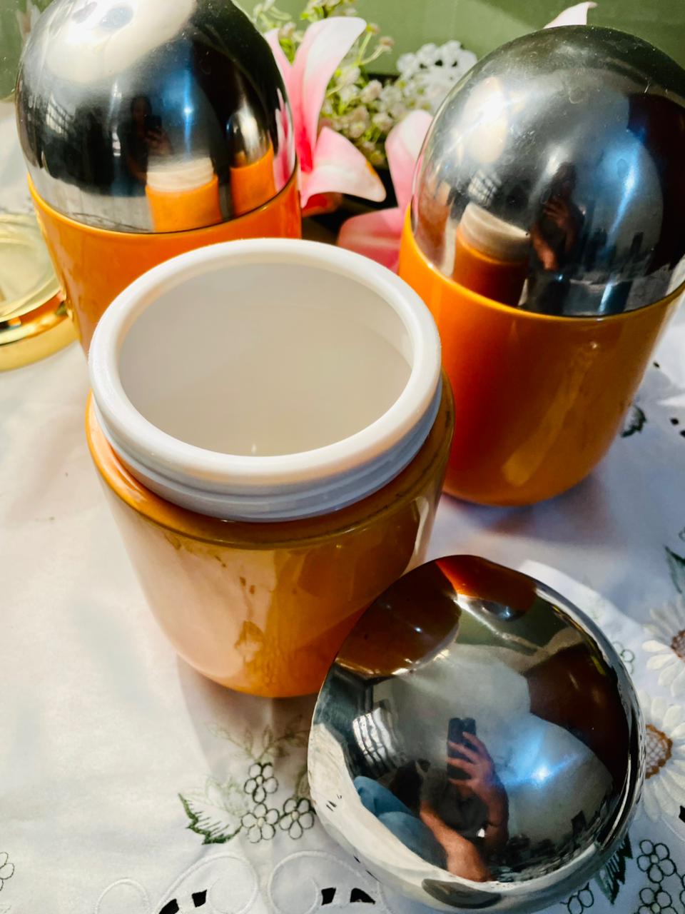Orange Ceramic Aitight Jars with Metal Lids Set of 3 – 8 in