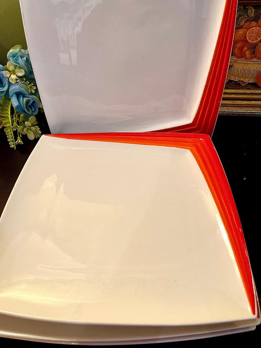 Vintage Red Rim Square Ceramic Serving Plater 25 cm (each)