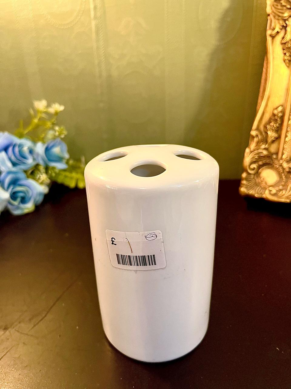 Vintage white ceramic multi-hole posy vase, 5 inch, front view