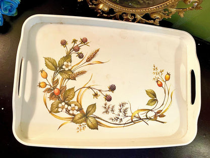 Cream serving tray with wild berries, rosehip, and blackberry botanical print