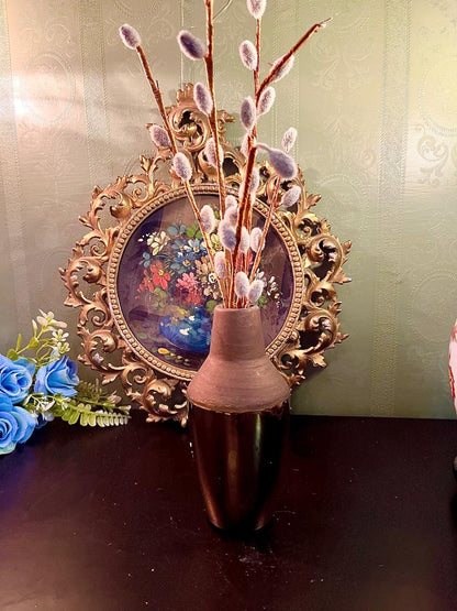 Matte brown and glossy bronze two-tone ceramic vase with pussy willow branches