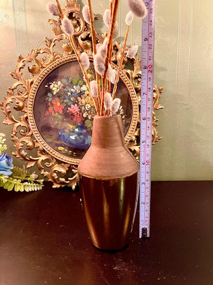 Bronze ceramic vase shown with measuring tape indicating approx. 9 inch height