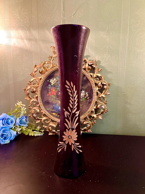 Tall purple glass vase with gold hand-etched floral motif